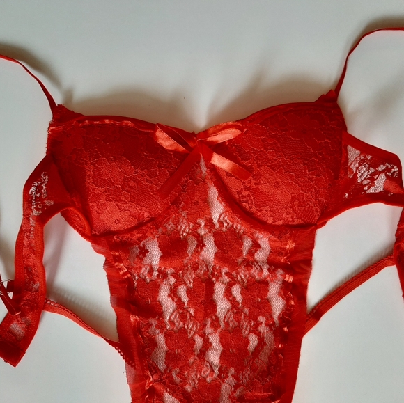 Women's Red Lingerie Lace One piece Bodysuit Babydoll Night dress, Sz US 6-8 - Picture 6 of 8